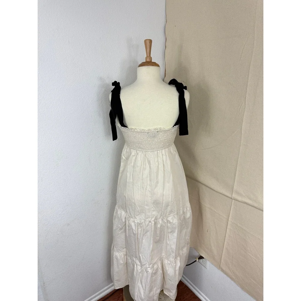 Trixxi Womens Cream Smocked Tiered Midi Dress Black Tie Straps Size M - Picture 3 of 7
